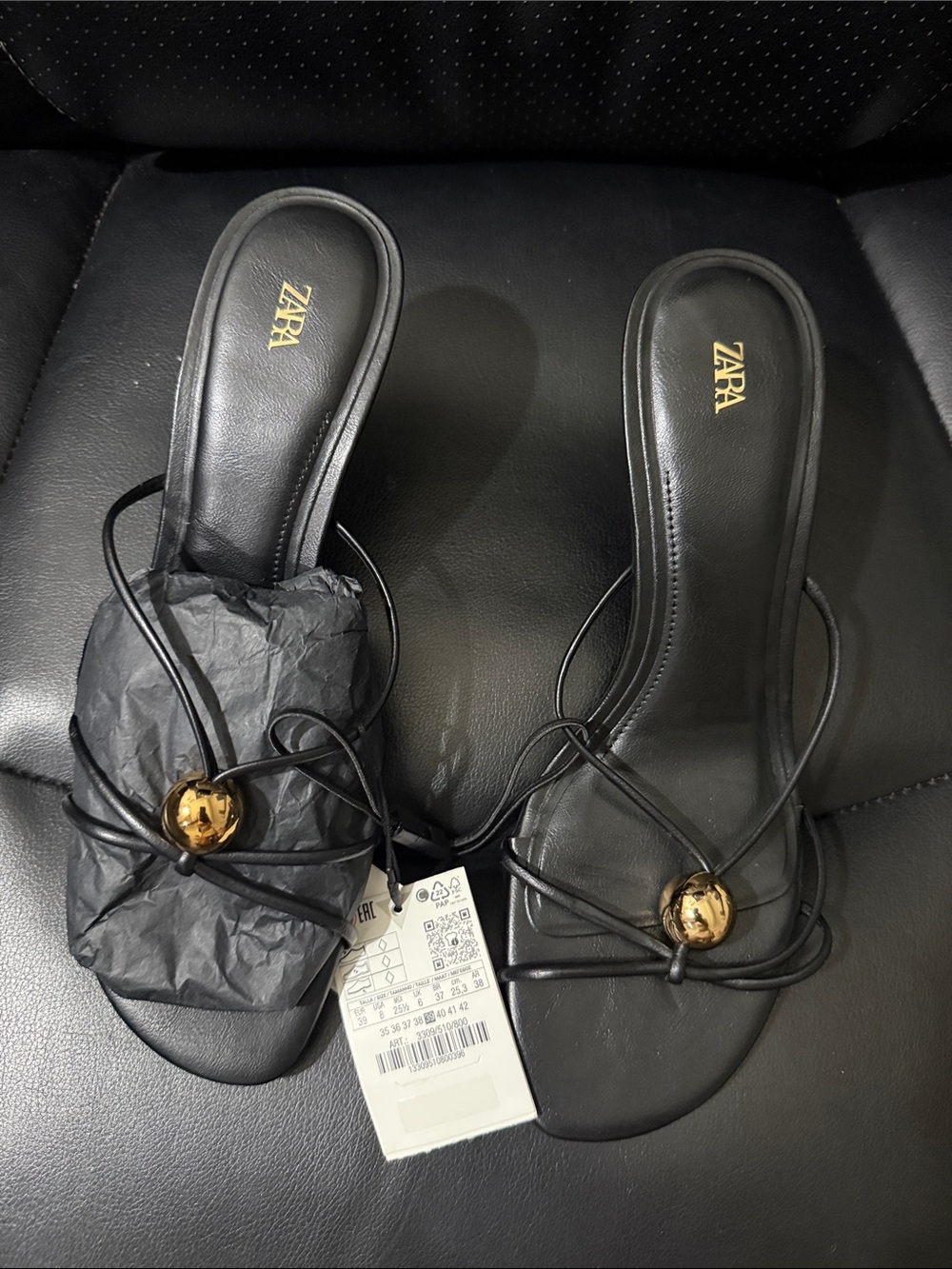 Zara Black Slide Sandals with Gold Orb Detail